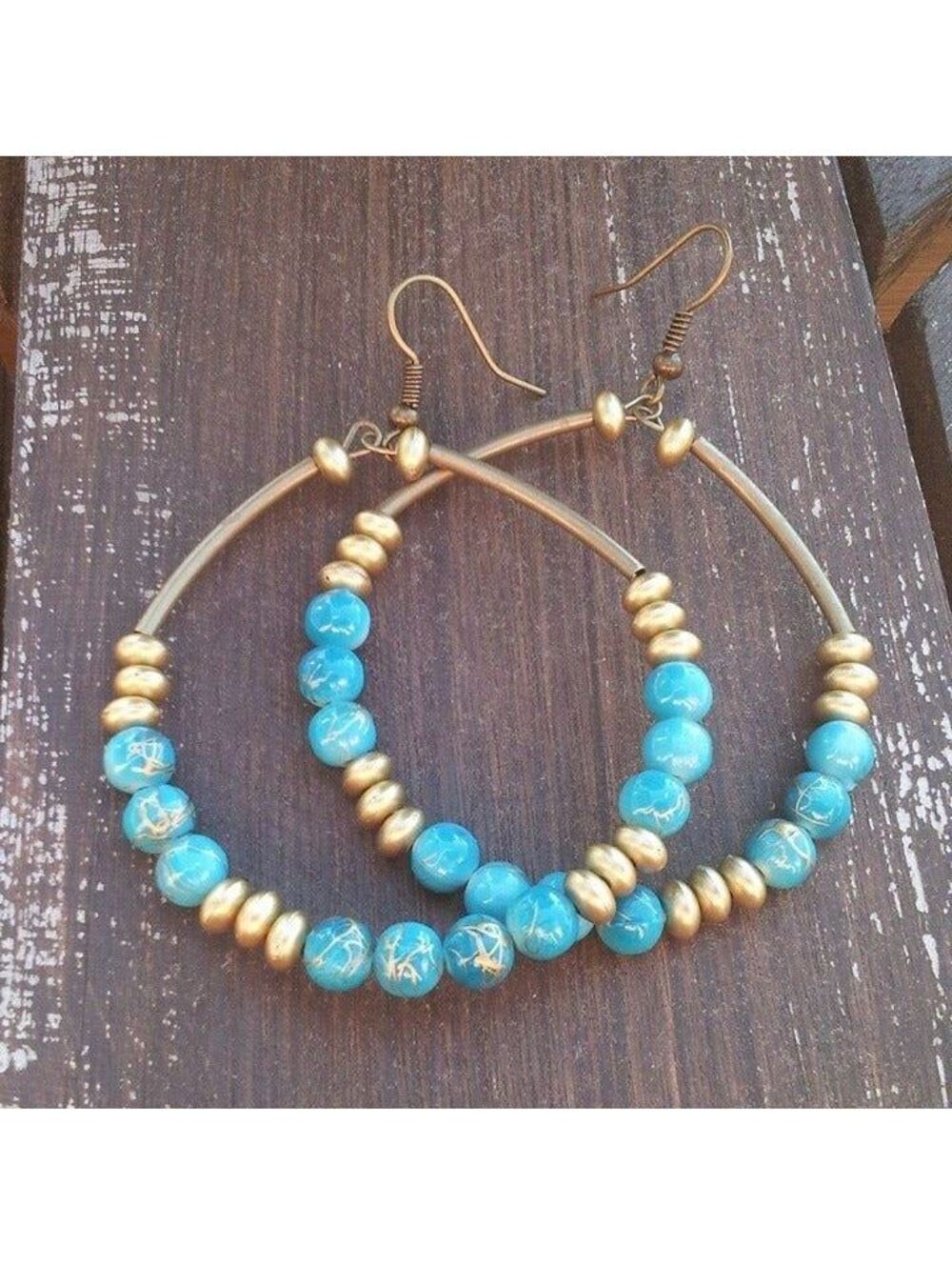 Vintage Retro Beads Big Hoop Earrings Bronze Blue